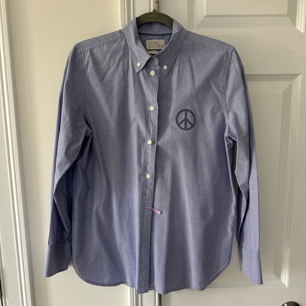 J. Crew Women's Blue Button-Down Shirt with Peace Symbol